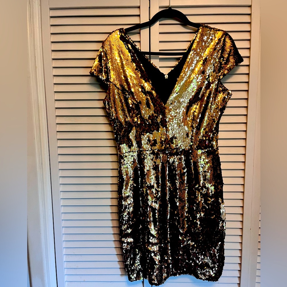 Dress the Population Gold Sequin "Zoe" Mini Dress Size Large